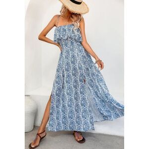 Cupshe Boho Paisley Blue white Reffle Overlay Maxi Dress‎ Size Small